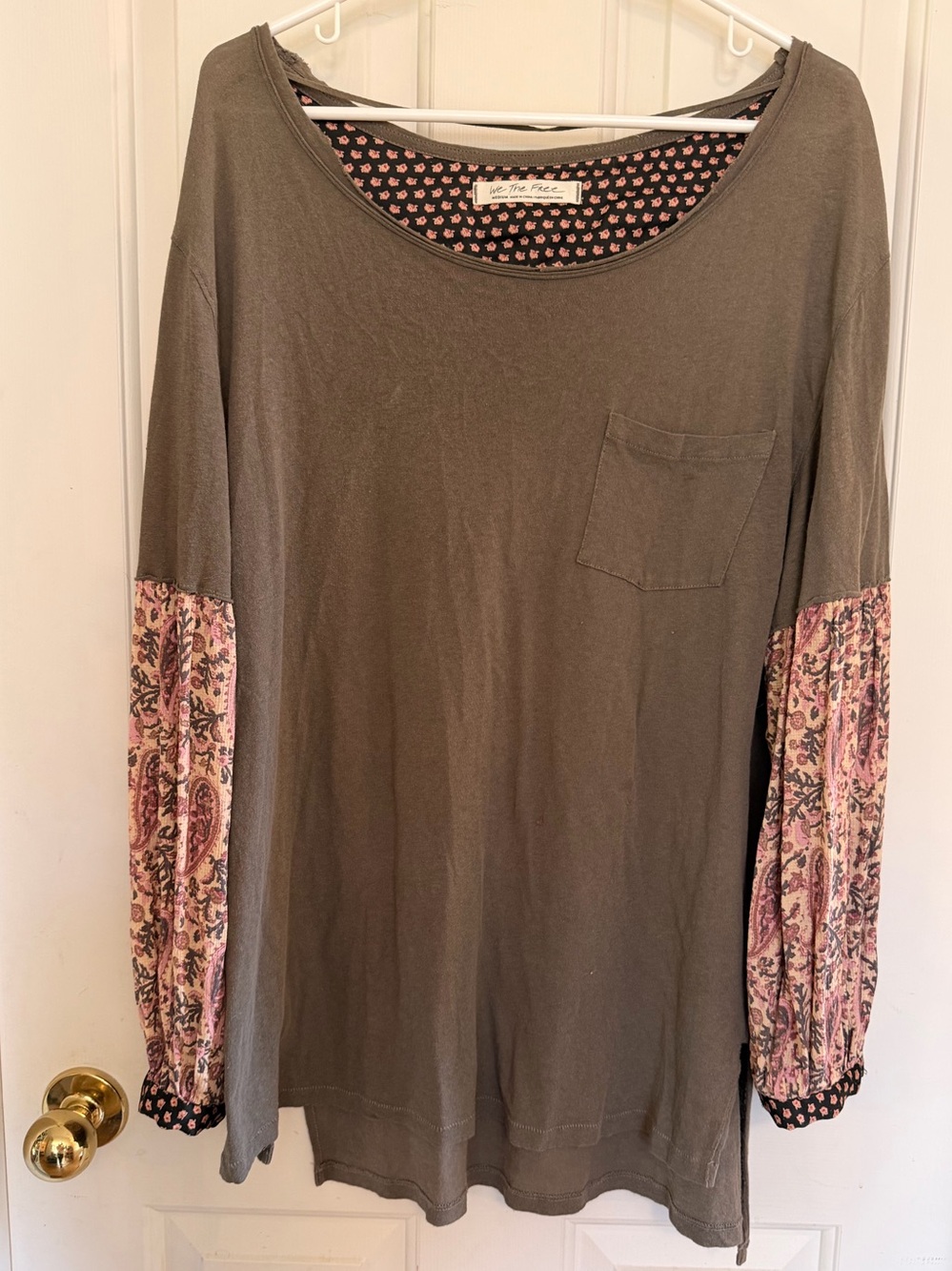 We The Free Olive Long Sleeve Top with Pink Paisley Sleeves
